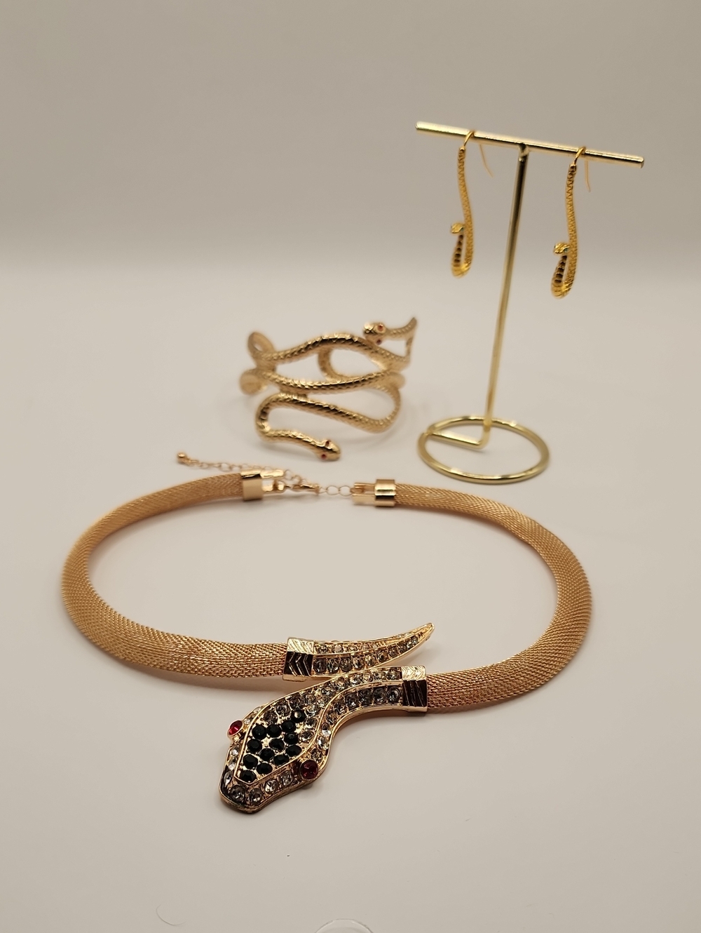 Gold Snake Statement Necklace with Matching Earrings and Bracelet